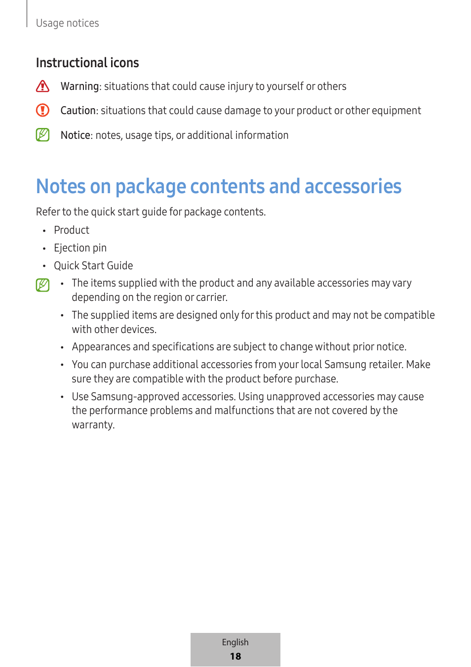 Instructional icons | Samsung SmartTag2 Wireless Tracker (White) User Manual | Page 20 / 798