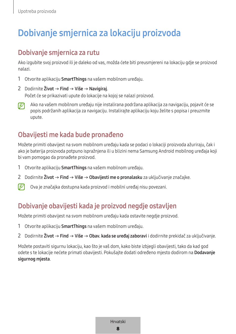 Dobivanje smjernica za lokaciju proizvoda, Dobivanje smjernica za rutu, Obavijesti me kada bude pronađeno | Samsung SmartTag2 Wireless Tracker (White) User Manual | Page 208 / 798