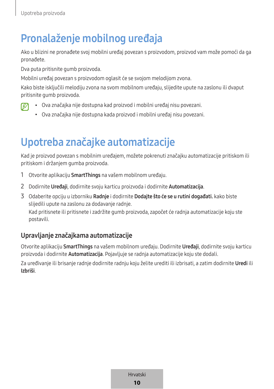 Pronalaženje mobilnog uređaja, Upotreba značajke automatizacije, Upravljanje značajkama automatizacije | Samsung SmartTag2 Wireless Tracker (White) User Manual | Page 210 / 798