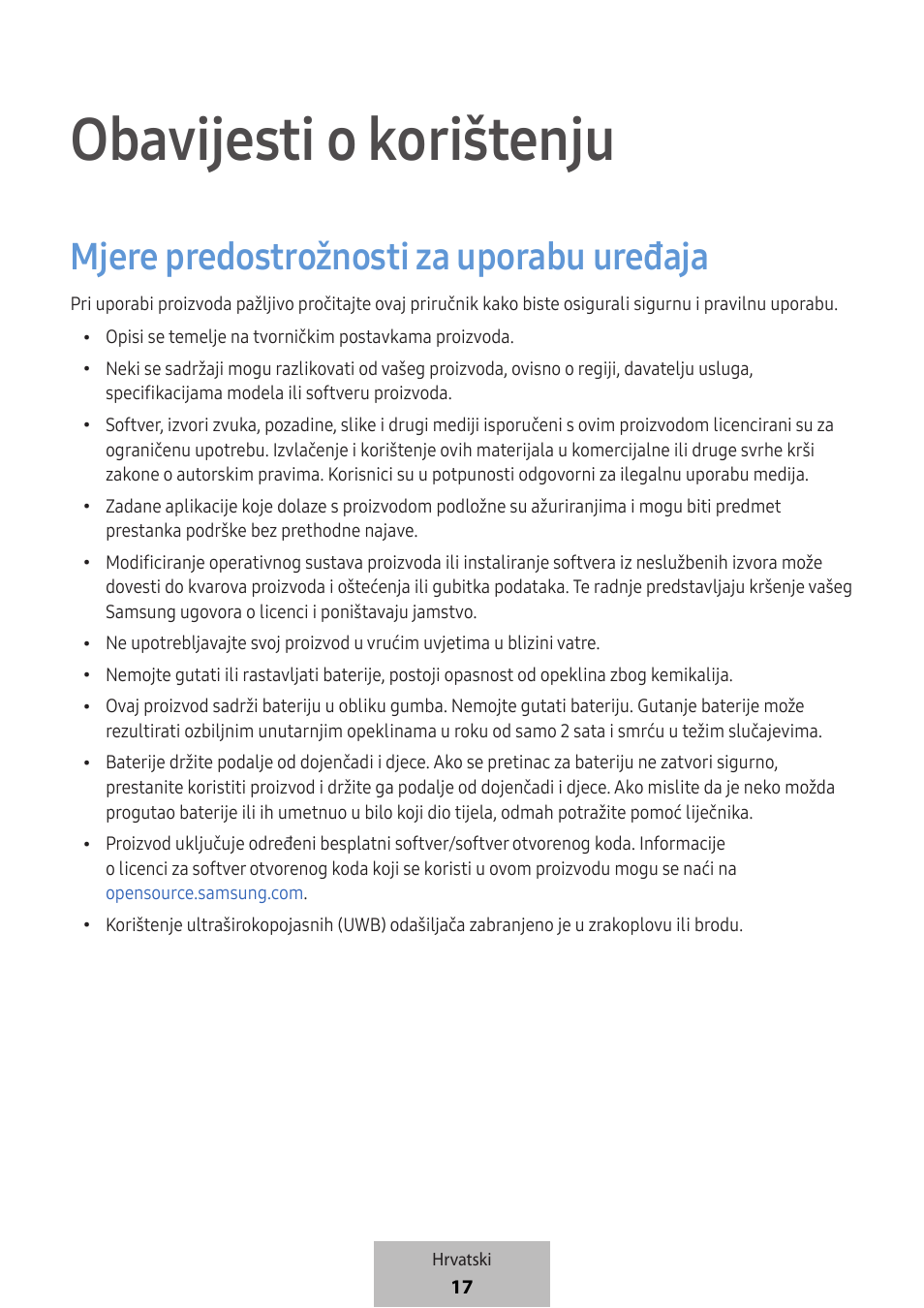 Obavijesti o korištenju, Mjere predostrožnosti za uporabu uređaja | Samsung SmartTag2 Wireless Tracker (White) User Manual | Page 217 / 798