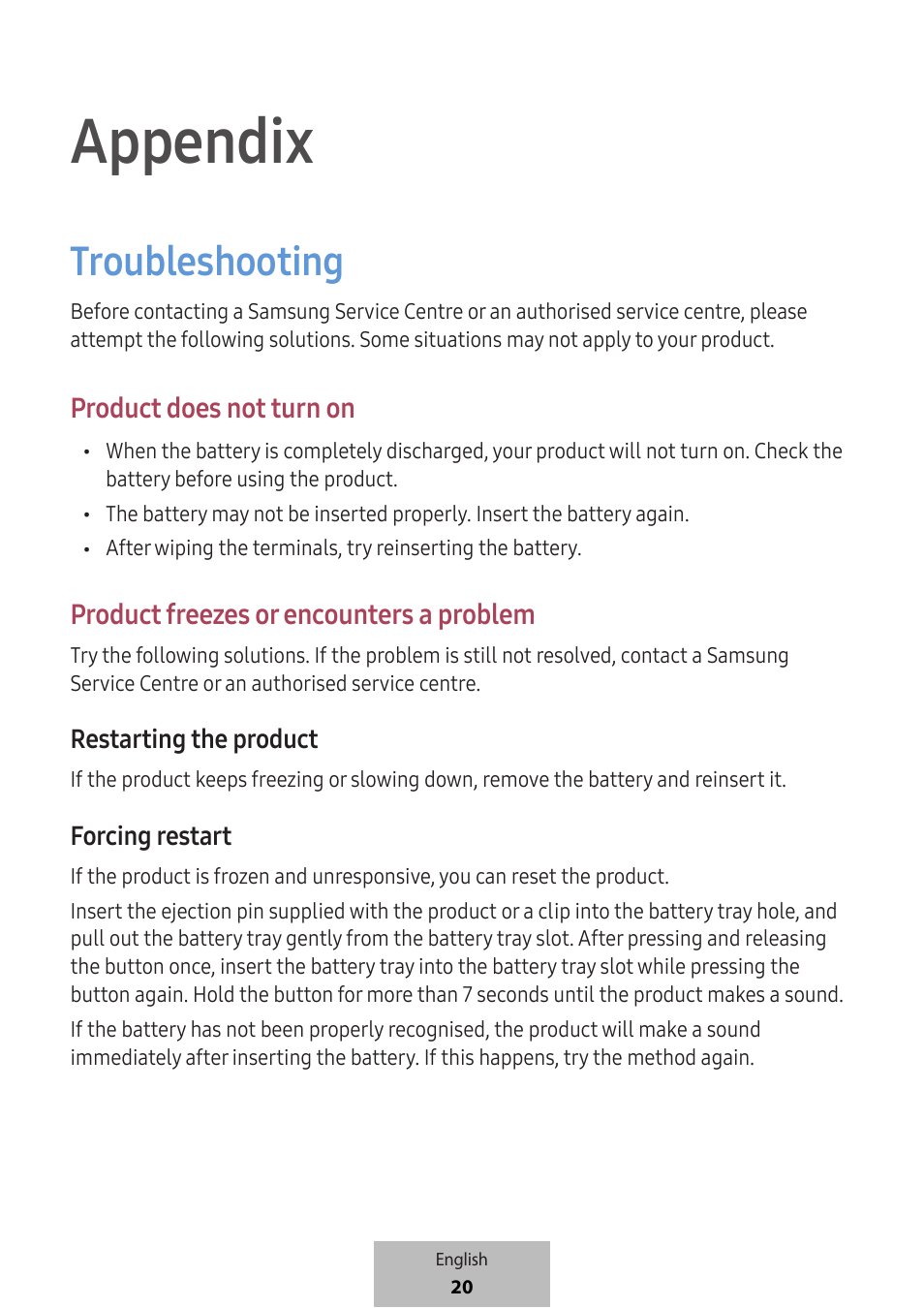 Appendix, Troubleshooting, Product does not turn on | Product freezes or encounters a problem, Restarting the product, Forcing restart | Samsung SmartTag2 Wireless Tracker (White) User Manual | Page 22 / 798