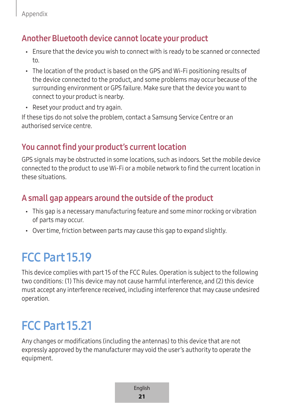 Fcc part 15.19, Fcc part 15.21, You cannot find your product’s current location | Samsung SmartTag2 Wireless Tracker (White) User Manual | Page 23 / 798