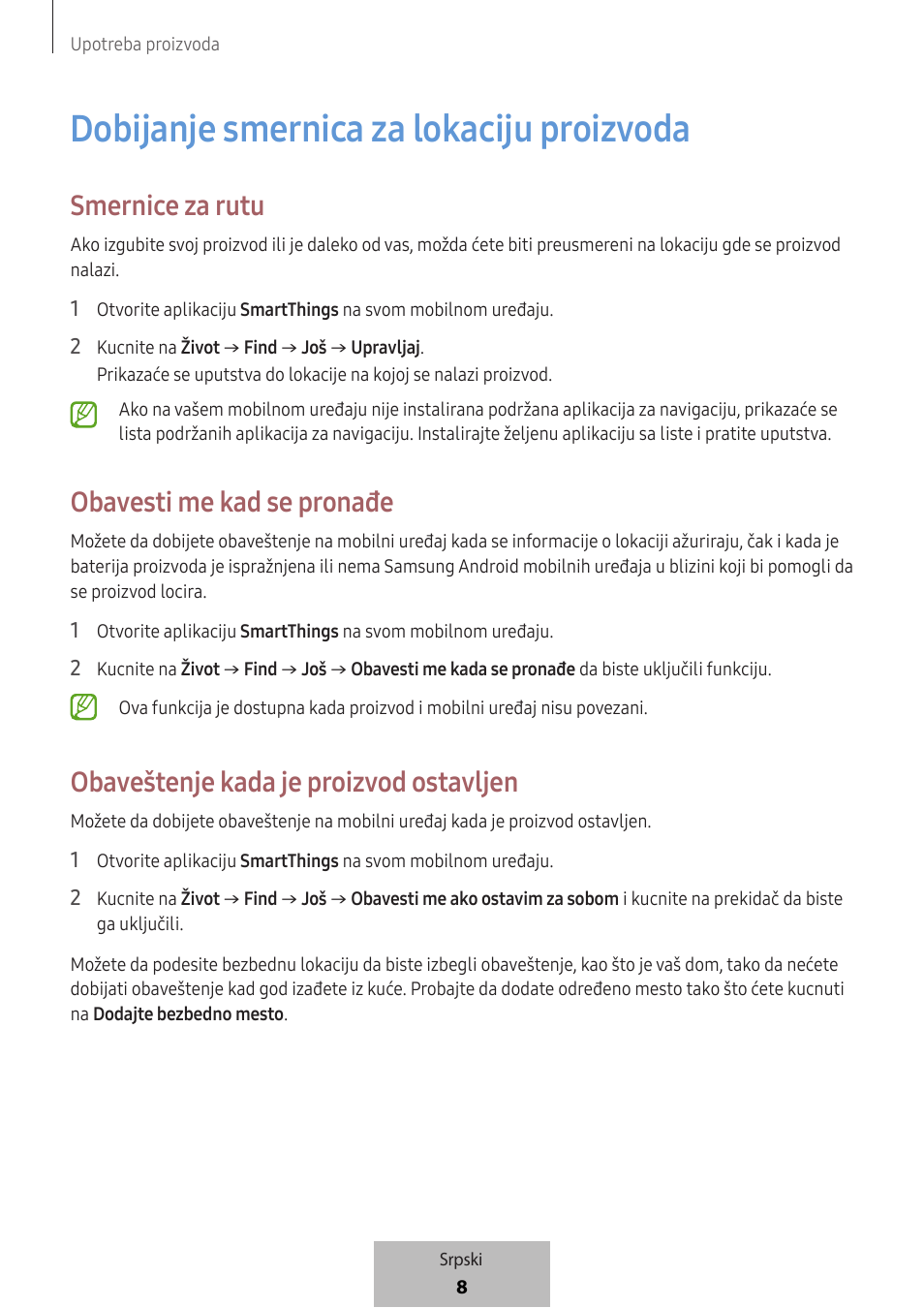 Dobijanje smernica za lokaciju proizvoda, Smernice za rutu, Obavesti me kad se pronađe | Obaveštenje kada je proizvod ostavljen | Samsung SmartTag2 Wireless Tracker (White) User Manual | Page 230 / 798