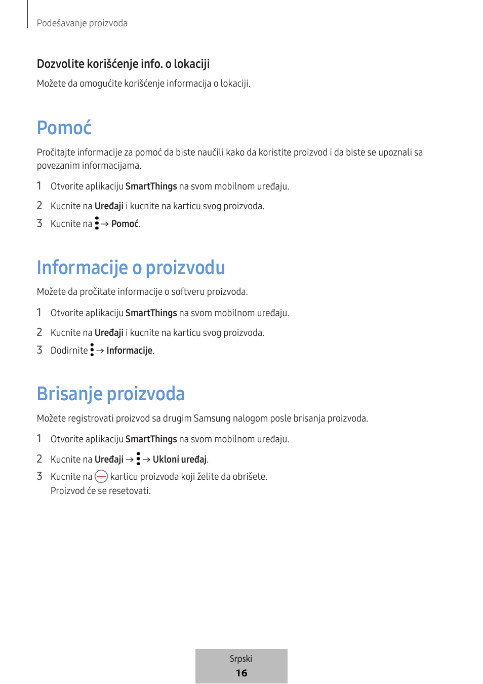 Pomoć, Informacije o proizvodu, Brisanje proizvoda | Dozvolite korišćenje in fo. o lokaciji | Samsung SmartTag2 Wireless Tracker (White) User Manual | Page 238 / 798