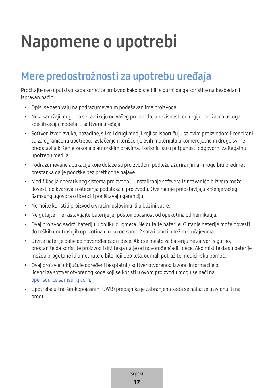 Napomene o upotrebi, Mere predostrožnosti za upotrebu uređaja | Samsung SmartTag2 Wireless Tracker (White) User Manual | Page 239 / 798