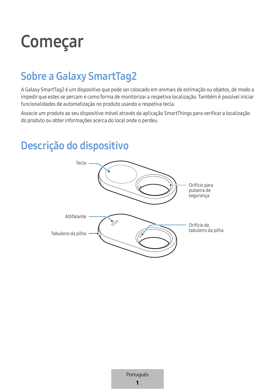 Português, Começar, Sobre a galaxy smarttag2 | Descrição do dispositivo | Samsung SmartTag2 Wireless Tracker (White) User Manual | Page 245 / 798