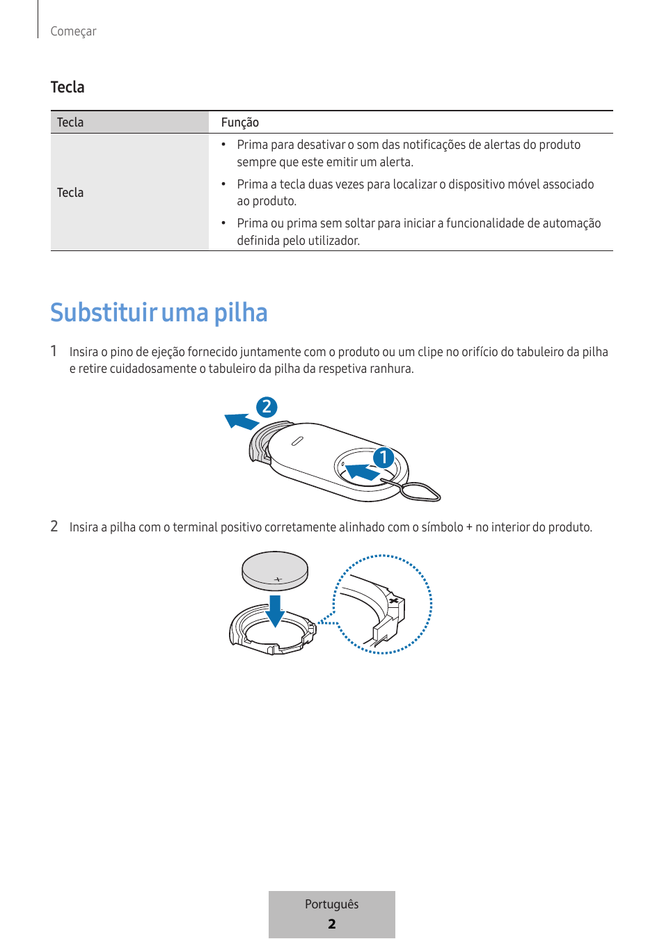 Substituir uma pilha | Samsung SmartTag2 Wireless Tracker (White) User Manual | Page 246 / 798