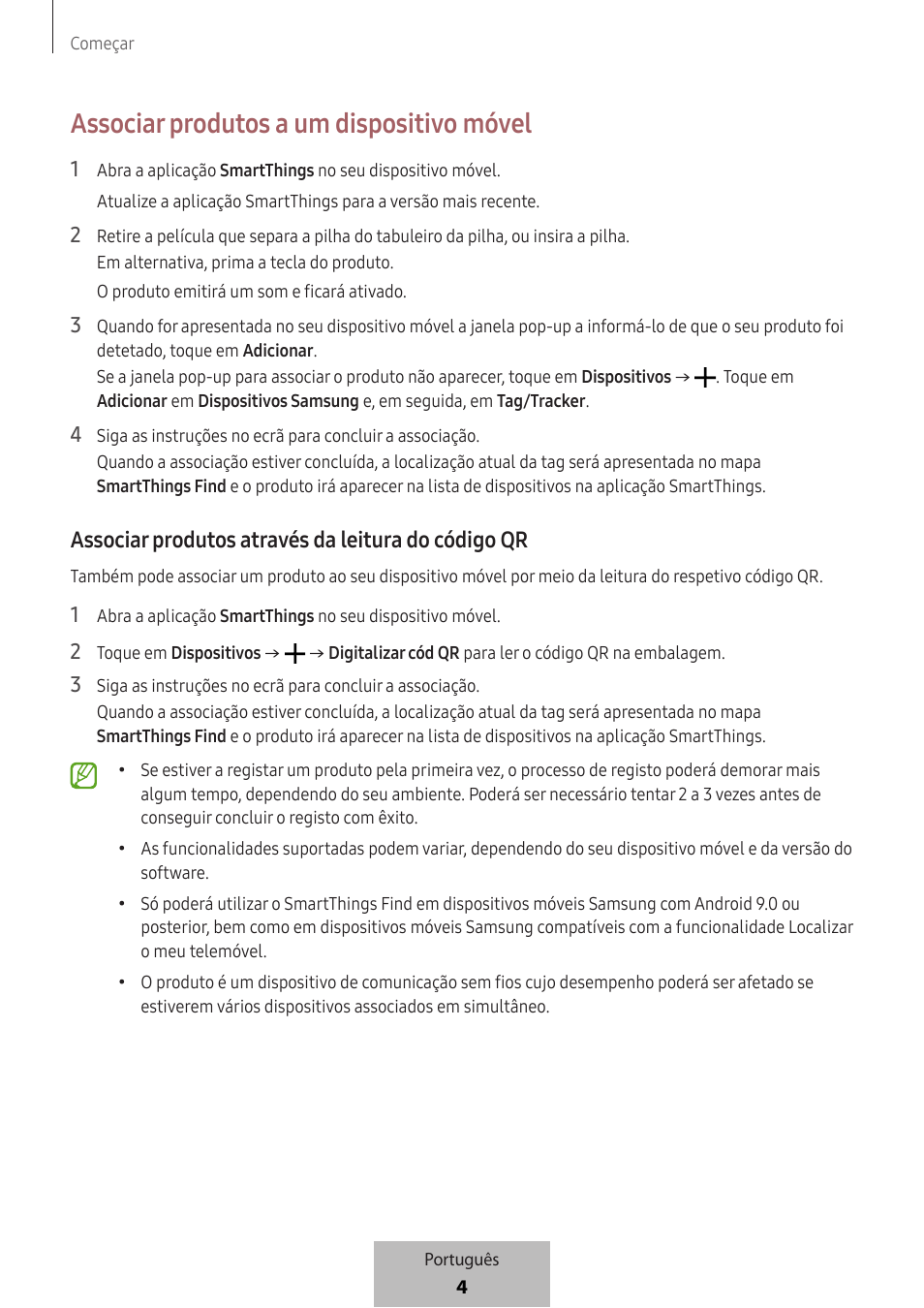 Associar produtos a um dispositivo móvel, Associar produtos através da leitura do código qr | Samsung SmartTag2 Wireless Tracker (White) User Manual | Page 248 / 798