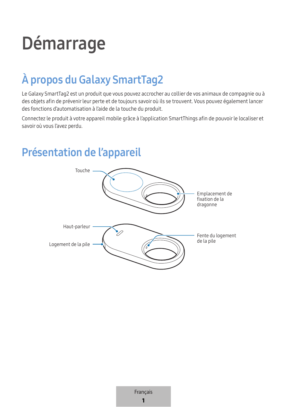 Français, Démarrage, À propos du galaxy smarttag2 | Présentation de l’appareil | Samsung SmartTag2 Wireless Tracker (White) User Manual | Page 25 / 798