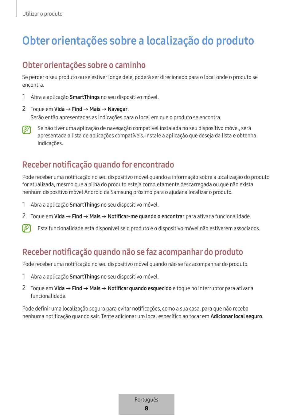 Obter orientações sobre a localização do produto, Obter orientações sobre o caminho, Receber notificação quando for encontrado | Samsung SmartTag2 Wireless Tracker (White) User Manual | Page 252 / 798