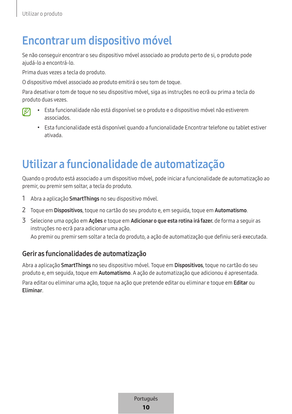 Encontrar um dispositivo móvel, Utilizar a funcionalidade de automatização, Gerir as funcionalidades de automatização | Samsung SmartTag2 Wireless Tracker (White) User Manual | Page 254 / 798