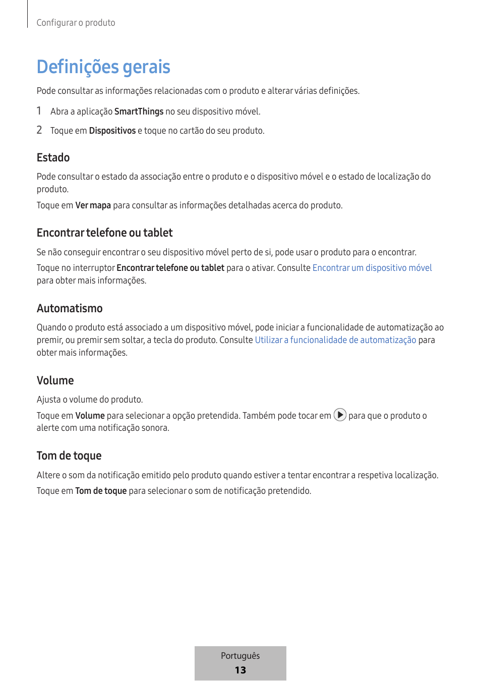 Definições gerais, Estado, Encontrar telefone ou tablet | Automatismo, Volume, Tom de toque | Samsung SmartTag2 Wireless Tracker (White) User Manual | Page 257 / 798