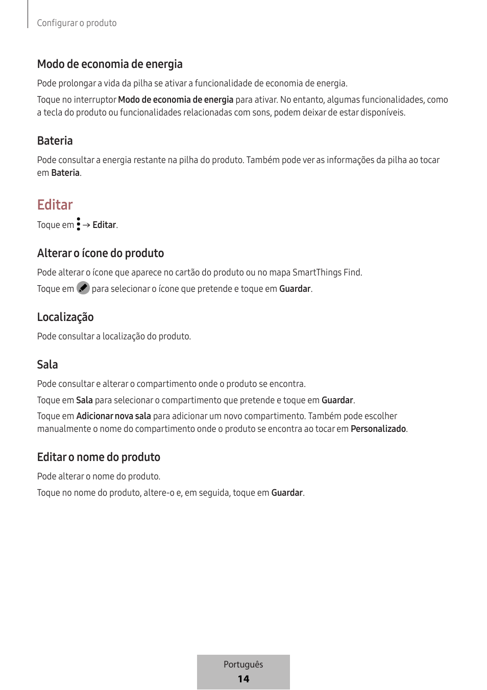 Editar, Modo de economia de energia, Bateria | Alterar o ícone do produto, Localização, Sala, Editar o nome do produto | Samsung SmartTag2 Wireless Tracker (White) User Manual | Page 258 / 798