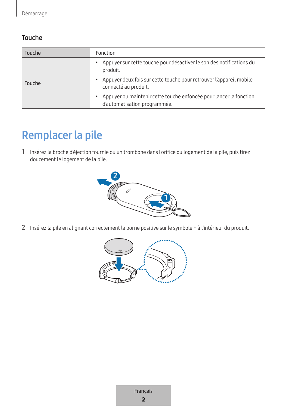 Remplacer la pile | Samsung SmartTag2 Wireless Tracker (White) User Manual | Page 26 / 798