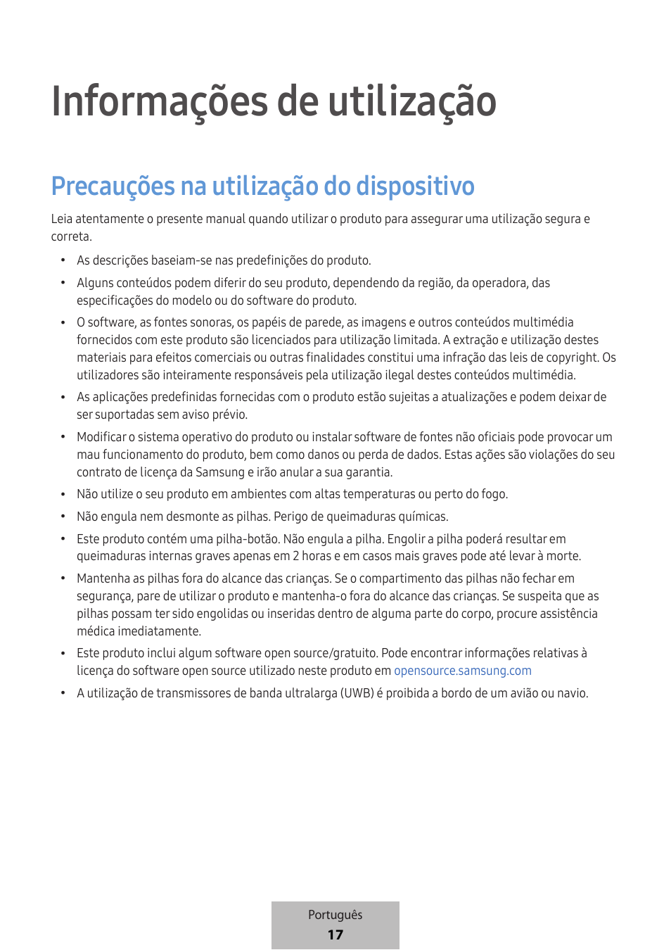 Informações de utilização, Precauções na utilização do dispositivo | Samsung SmartTag2 Wireless Tracker (White) User Manual | Page 261 / 798