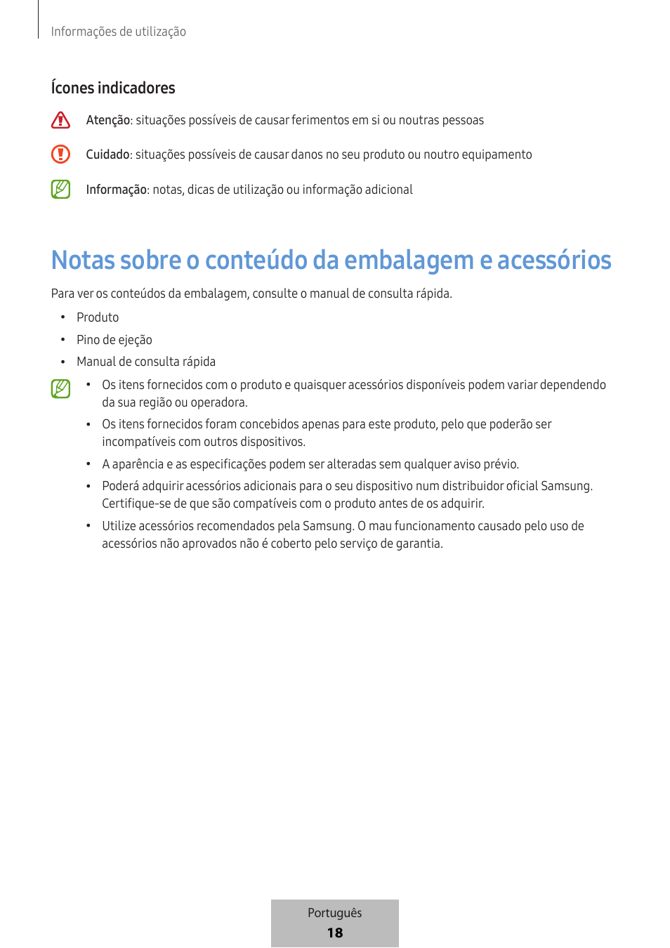 Notas sobre o conteúdo da embalagem e acessórios, Ícones indicadores | Samsung SmartTag2 Wireless Tracker (White) User Manual | Page 262 / 798