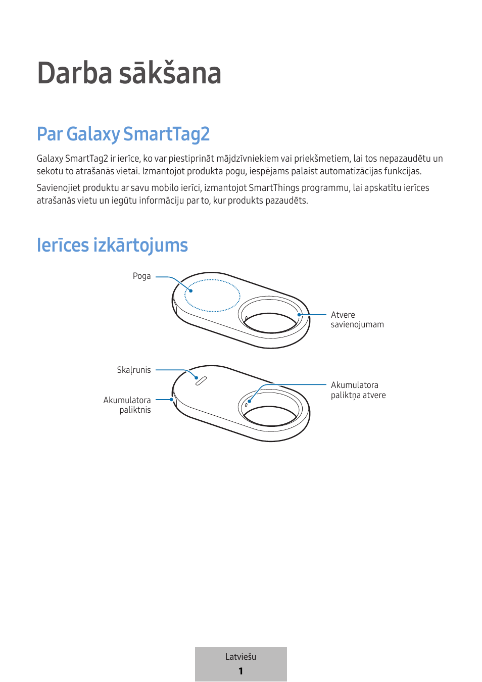 Latviešu, Darba sākšana, Par galaxy smarttag2 | Ierīces izkārtojums | Samsung SmartTag2 Wireless Tracker (White) User Manual | Page 267 / 798