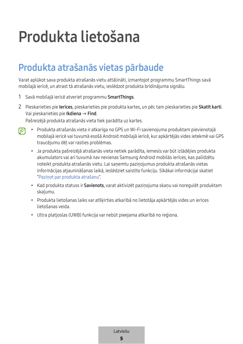 Produkta lietošana, Produkta atrašanās vietas pārbaude | Samsung SmartTag2 Wireless Tracker (White) User Manual | Page 271 / 798