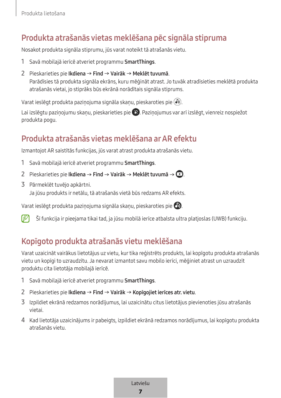 Produkta atrašanās vietas meklēšana ar ar efektu, Kopīgoto produkta atrašanās vietu meklēšana | Samsung SmartTag2 Wireless Tracker (White) User Manual | Page 273 / 798