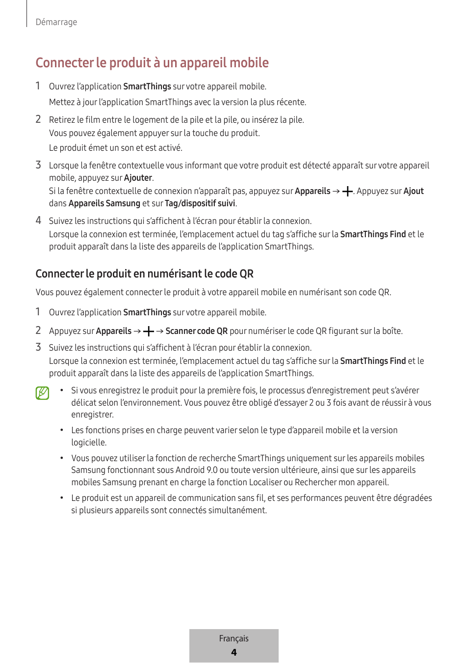 Connecter le produit à un appareil mobile, Connecter le produit en numérisant le code qr | Samsung SmartTag2 Wireless Tracker (White) User Manual | Page 28 / 798