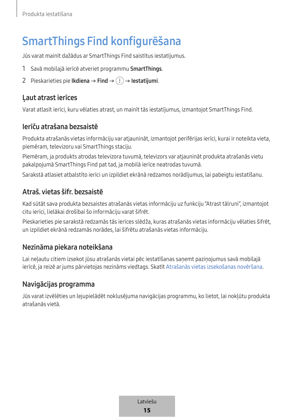 Smartthings find konfigurēšana, Ļaut atrast ierīces, Ierīču atrašana bezsaistē | Atr aš. vietas šifr. bezsaistē, Navigācijas programma | Samsung SmartTag2 Wireless Tracker (White) User Manual | Page 281 / 798