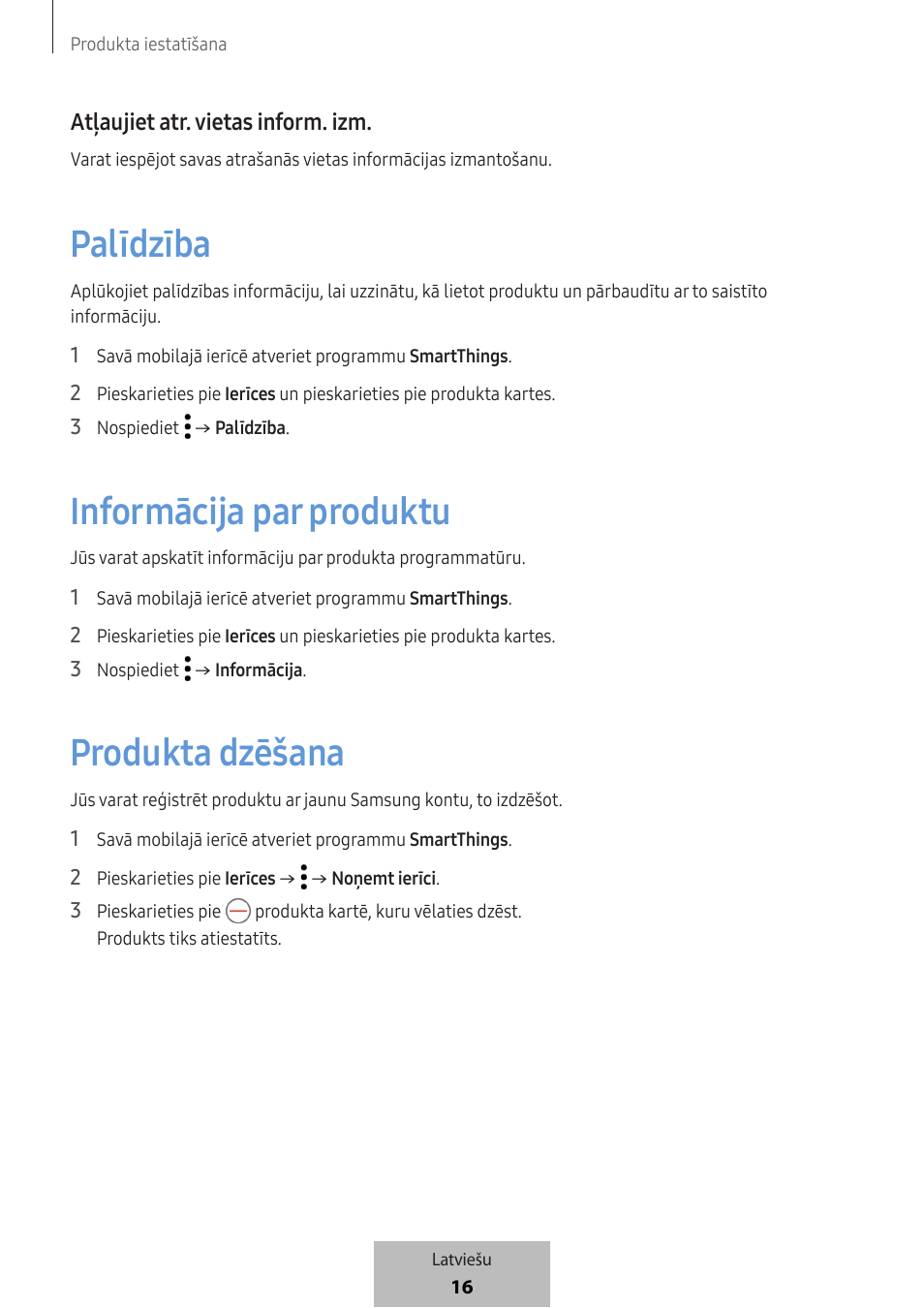 Palīdzība, Informācija par produktu, Produkta dzēšana | Atļaujiet a tr. vietas info rm. izm | Samsung SmartTag2 Wireless Tracker (White) User Manual | Page 282 / 798