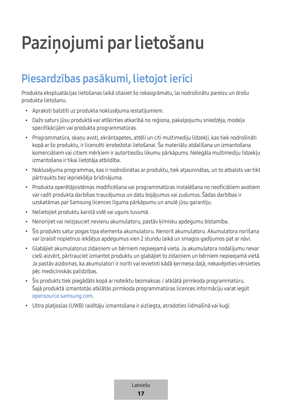 Paziņojumi par lietošanu, Piesardzības pasākumi, lietojot ierīci | Samsung SmartTag2 Wireless Tracker (White) User Manual | Page 283 / 798