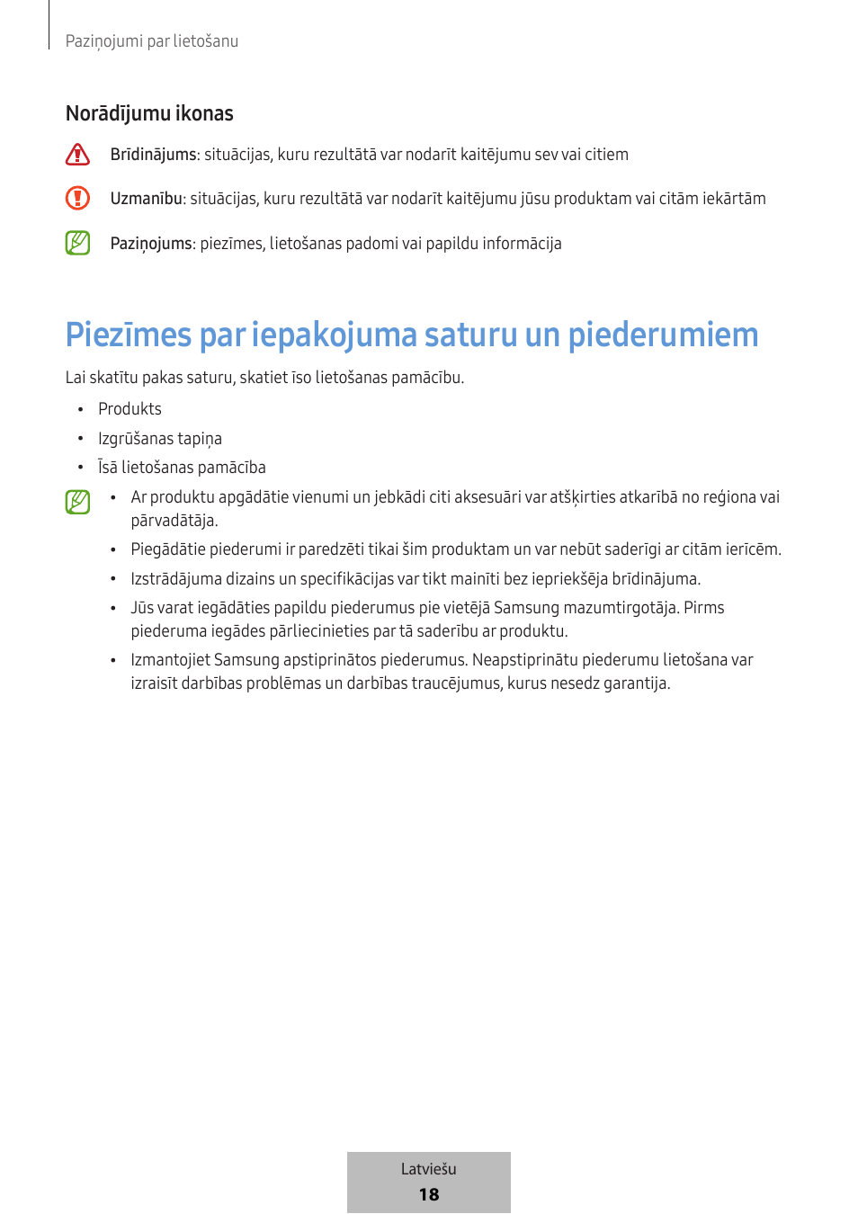 Piezīmes par iepakojuma saturu un piederumiem, Norādījumu ikonas | Samsung SmartTag2 Wireless Tracker (White) User Manual | Page 284 / 798