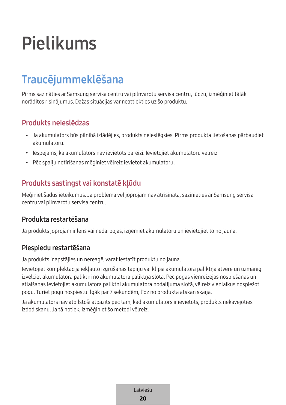 Pielikums, Traucējummeklēšana, Produkts neieslēdzas | Produkts sastingst vai konstatē kļūdu, Produkta restartēšana, Piespiedu restartēšana | Samsung SmartTag2 Wireless Tracker (White) User Manual | Page 286 / 798