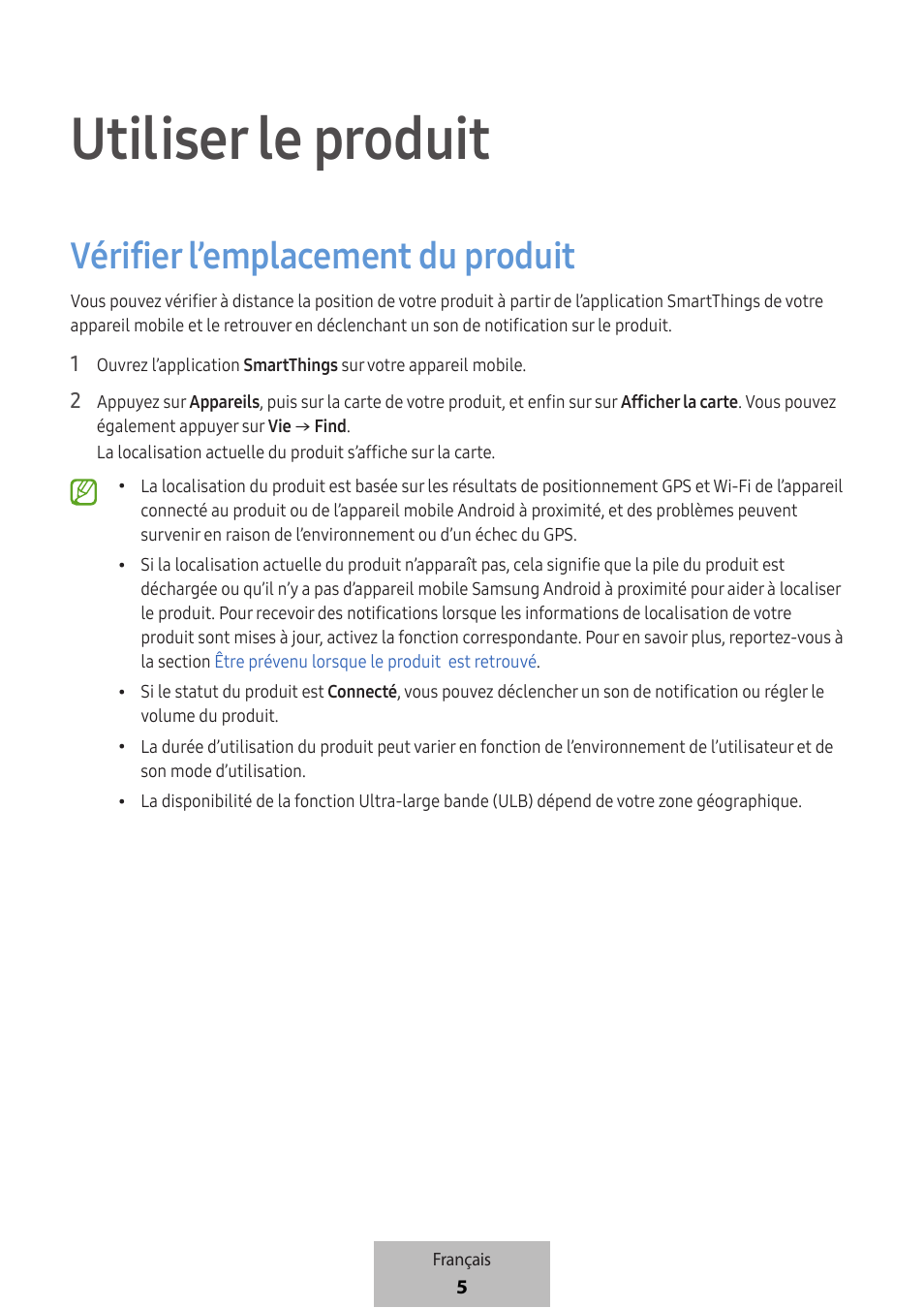 Utiliser le produit, Vérifier l’emplacement du produit | Samsung SmartTag2 Wireless Tracker (White) User Manual | Page 29 / 798