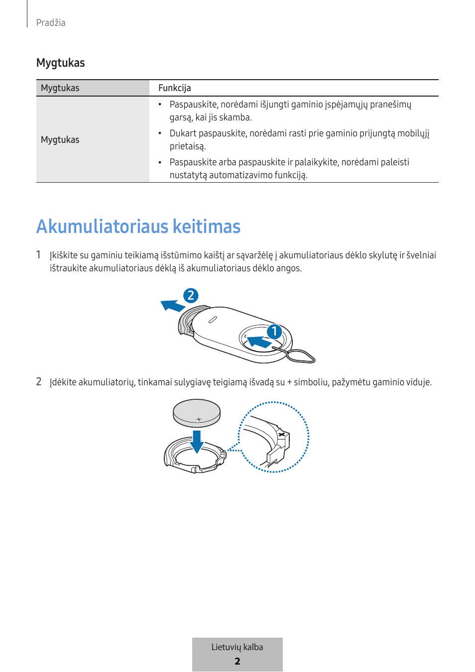 Akumuliatoriaus keitimas, Mygtukas | Samsung SmartTag2 Wireless Tracker (White) User Manual | Page 290 / 798