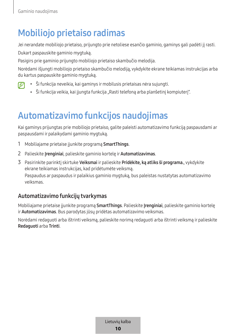 Mobiliojo prietaiso radimas, Automatizavimo funkcijos naudojimas, Automatizavimo funkcijų tvarkymas | Samsung SmartTag2 Wireless Tracker (White) User Manual | Page 298 / 798