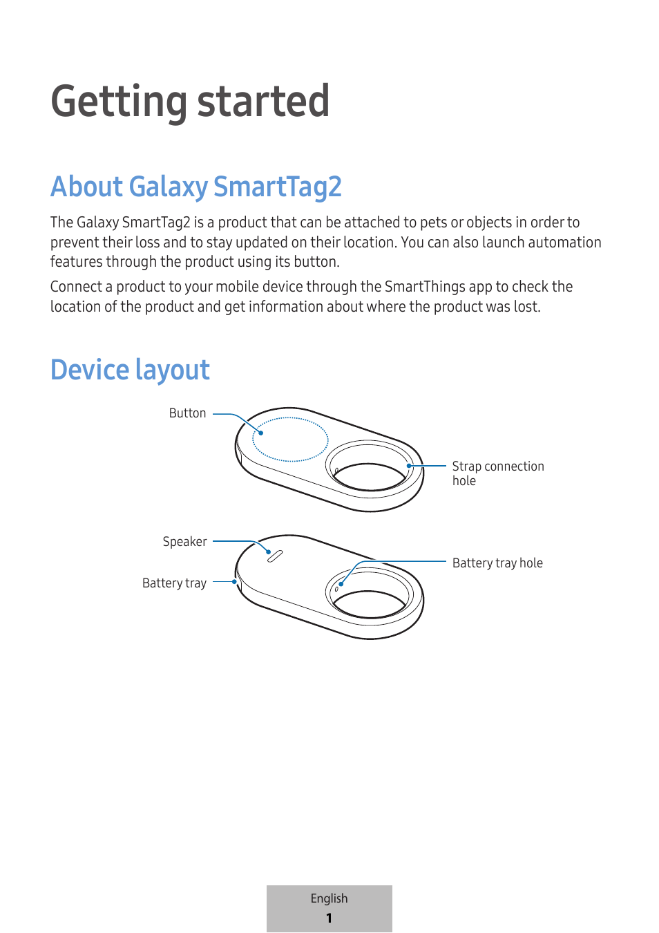 English, Getting started, About galaxy smarttag2 | Device layout | Samsung SmartTag2 Wireless Tracker (White) User Manual | Page 3 / 798