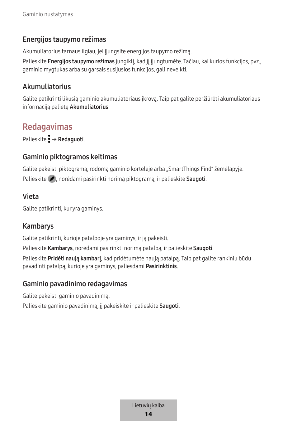 Redagavimas, Energijos taupymo režimas, Akumuliatorius | Gaminio piktogramos keitimas, Vieta, Kambarys, Gaminio pavadinimo redagavimas | Samsung SmartTag2 Wireless Tracker (White) User Manual | Page 302 / 798