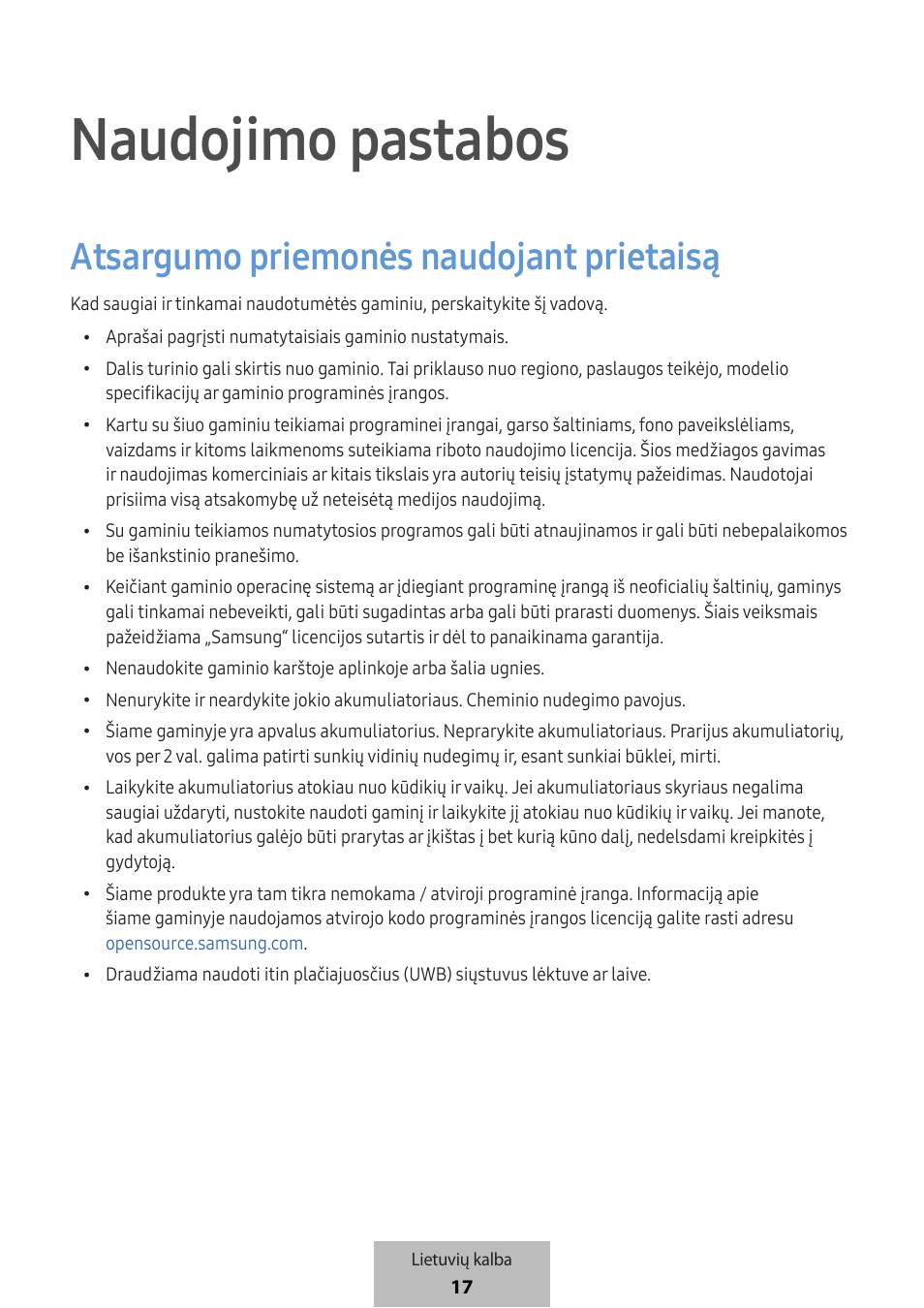 Naudojimo pastabos, Atsargumo priemonės naudojant prietaisą | Samsung SmartTag2 Wireless Tracker (White) User Manual | Page 305 / 798