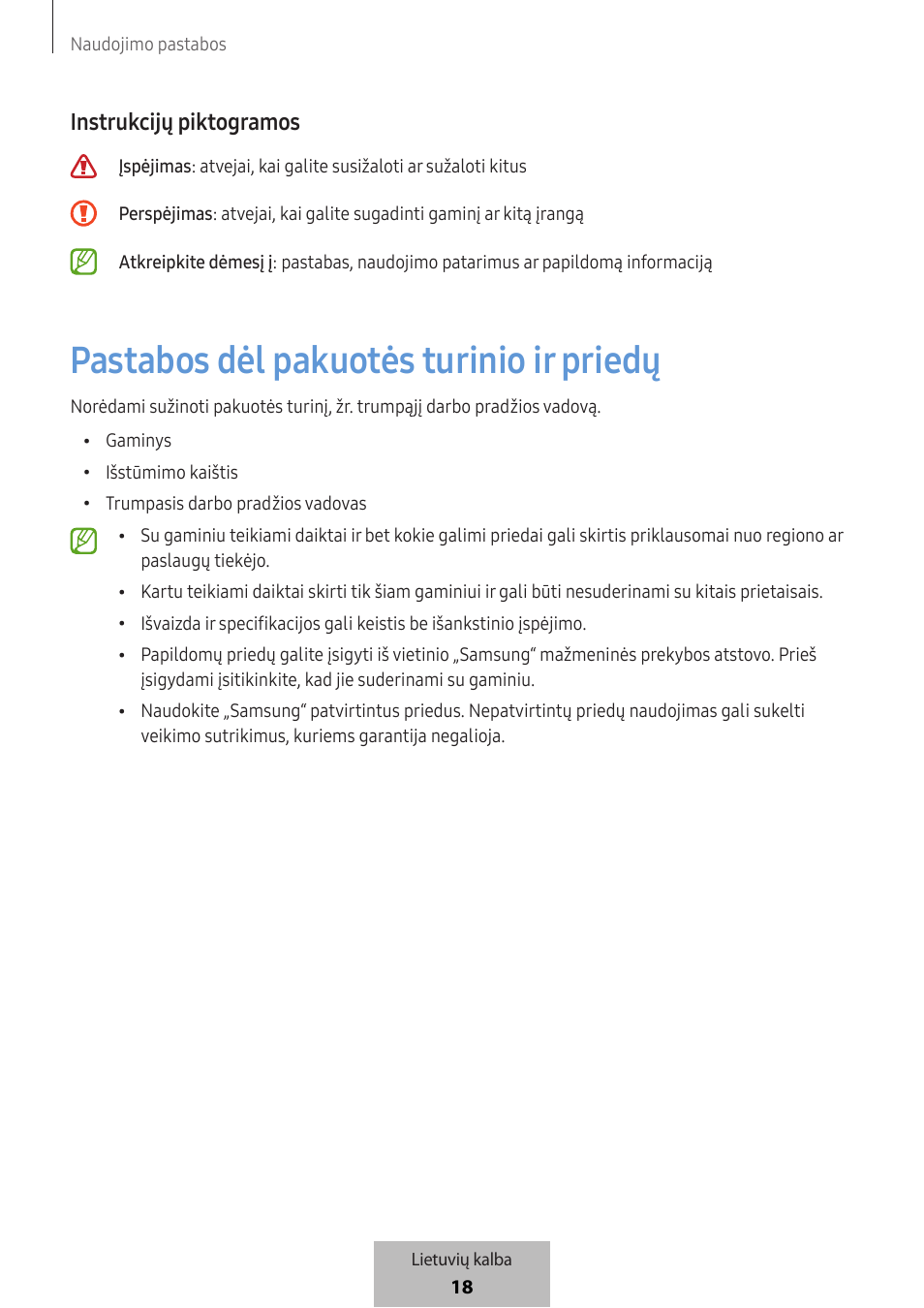 Pastabos dėl pakuotės turinio ir priedų, Instrukcijų piktogramos | Samsung SmartTag2 Wireless Tracker (White) User Manual | Page 306 / 798