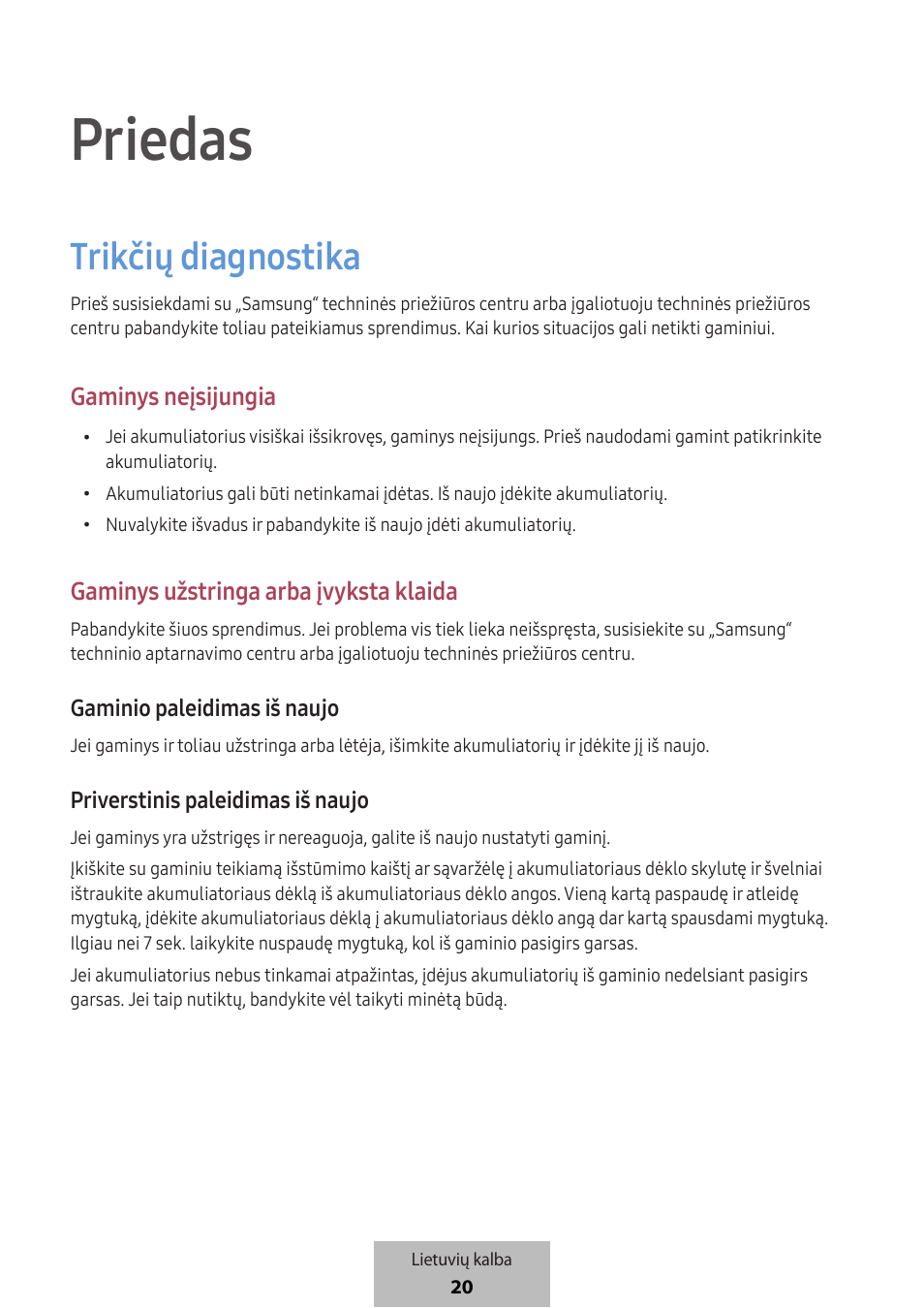 Priedas, Trikčių diagnostika, Gaminys neįsijungia | Gaminys užstringa arba įvyksta klaida | Samsung SmartTag2 Wireless Tracker (White) User Manual | Page 308 / 798