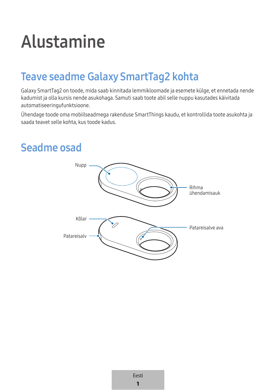 Eesti, Alustamine, Teave seadme galaxy smarttag2 kohta | Seadme osad | Samsung SmartTag2 Wireless Tracker (White) User Manual | Page 311 / 798