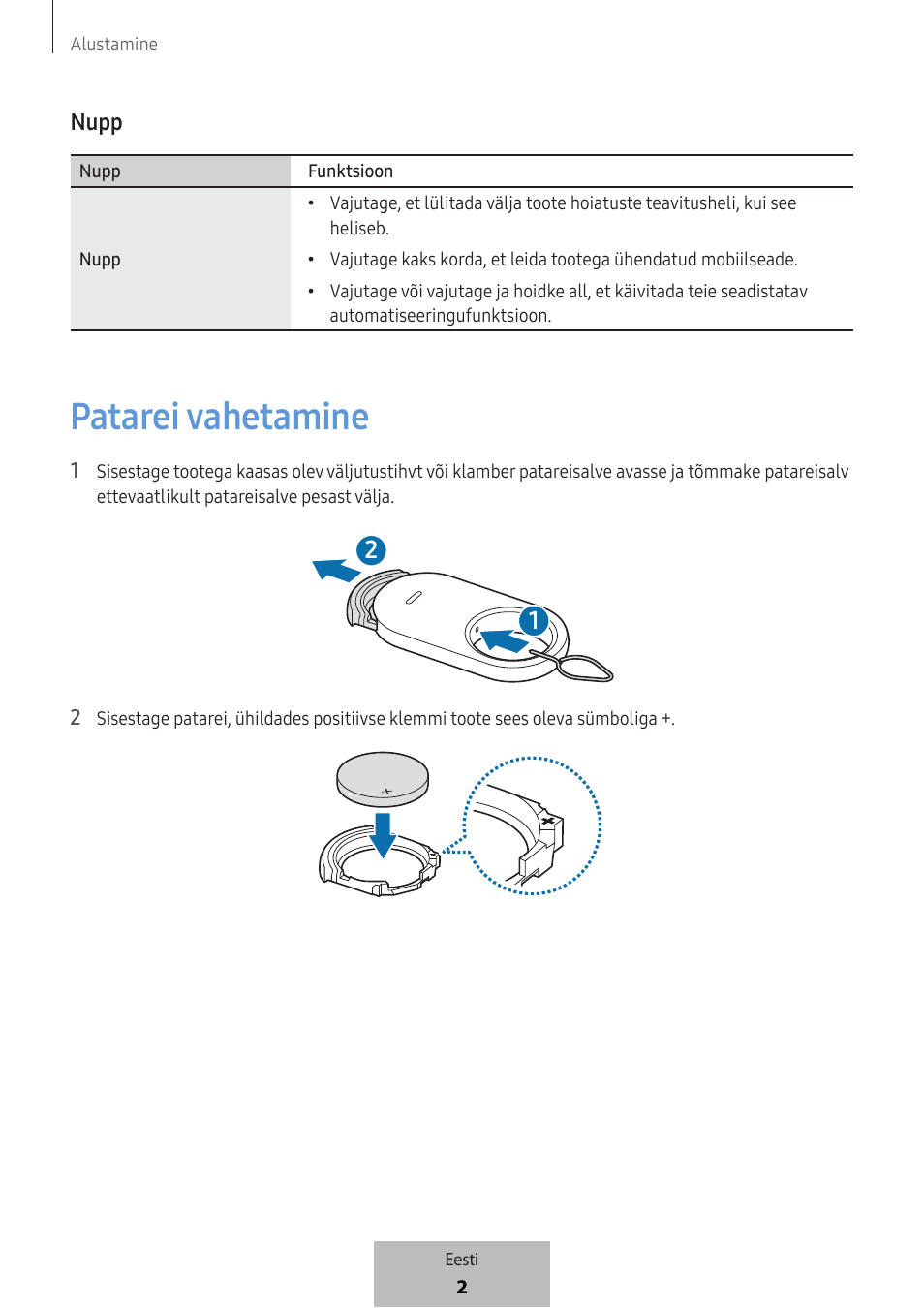 Patarei vahetamine, Nupp | Samsung SmartTag2 Wireless Tracker (White) User Manual | Page 312 / 798