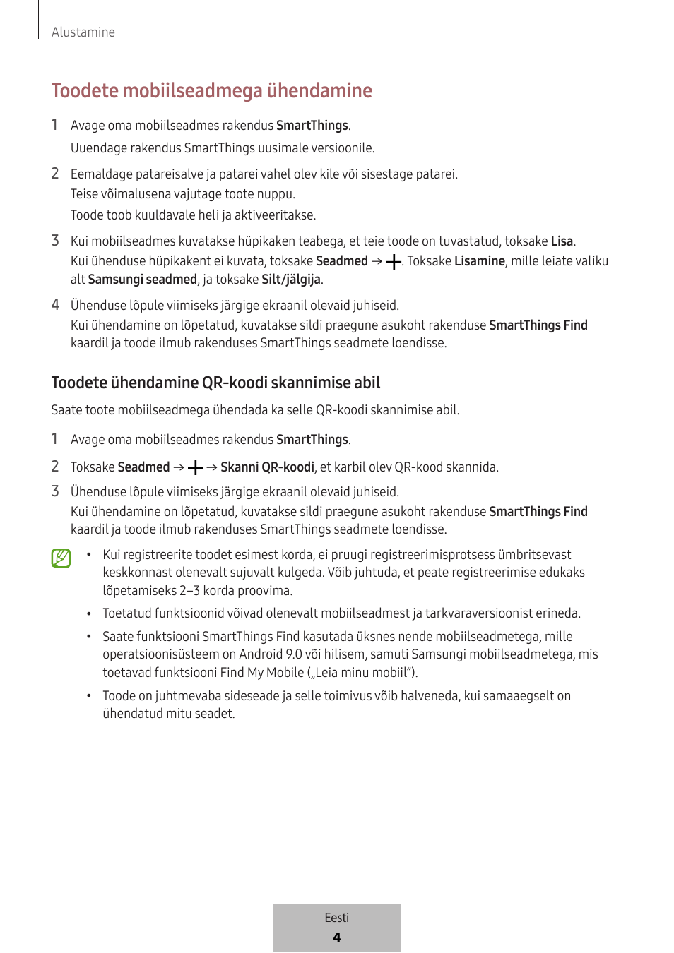 Toodete mobiilseadmega ühendamine, Toodete ühendamine qr-koodi skannimise abil | Samsung SmartTag2 Wireless Tracker (White) User Manual | Page 314 / 798