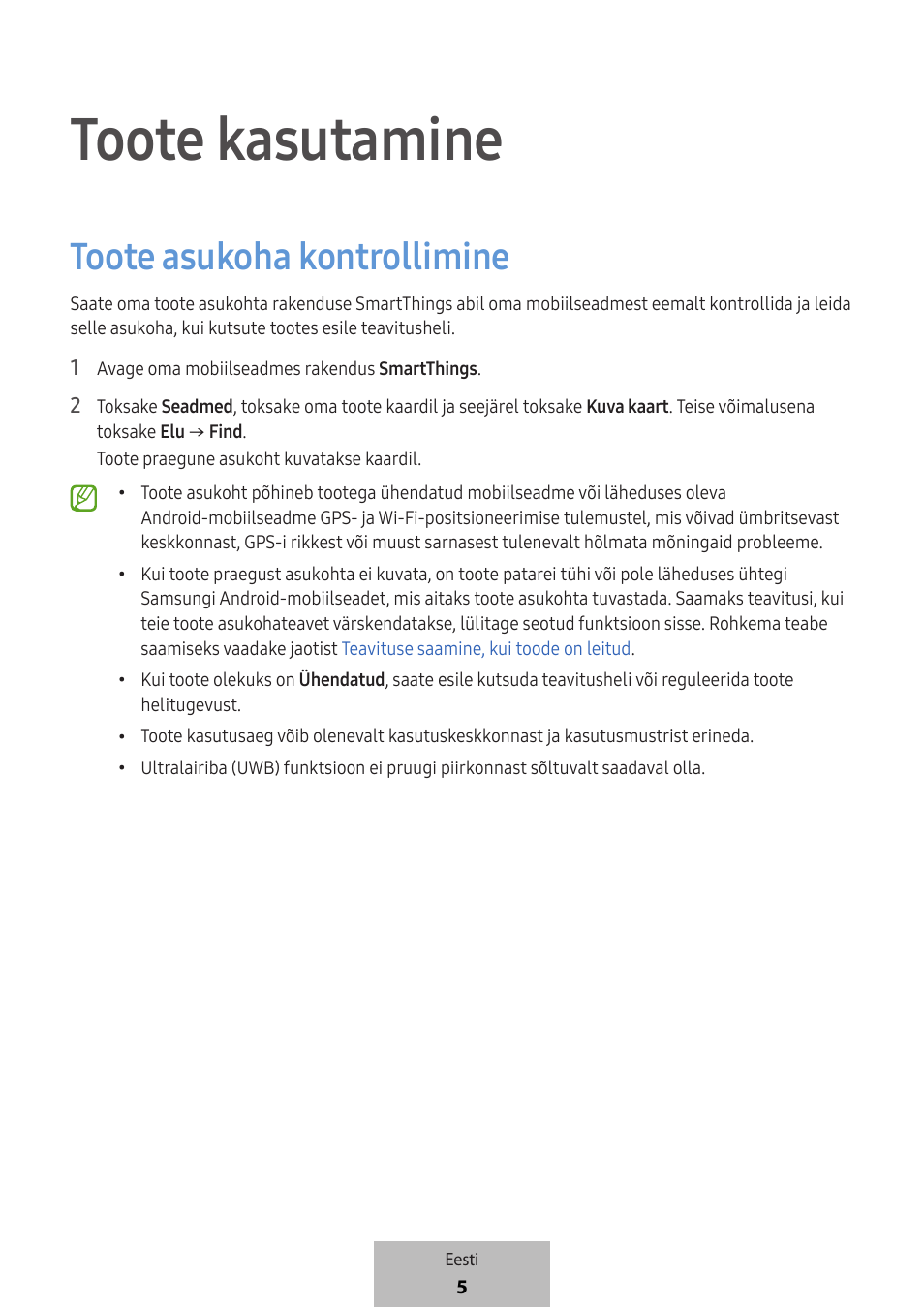 Toote kasutamine, Toote asukoha kontrollimine | Samsung SmartTag2 Wireless Tracker (White) User Manual | Page 315 / 798