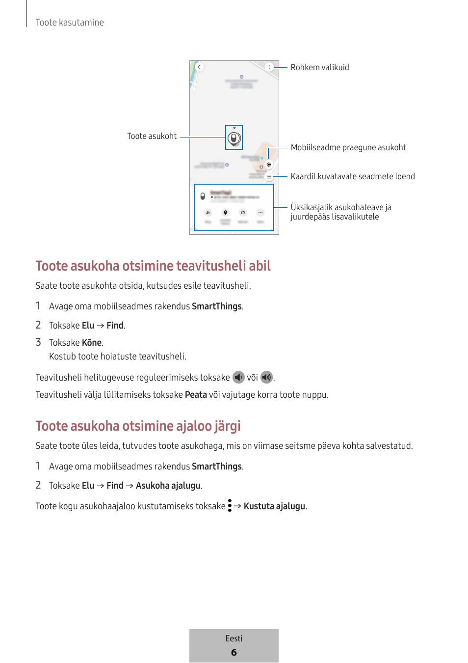 Toote asukoha otsimine teavitusheli abil, Toote asukoha otsimine ajaloo järgi | Samsung SmartTag2 Wireless Tracker (White) User Manual | Page 316 / 798