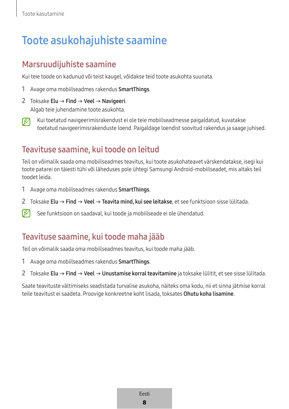 Toote asukohajuhiste saamine, Marsruudijuhiste saamine, Teavituse saamine, kui toode on leitud | Teavituse saamine, kui toode maha jääb | Samsung SmartTag2 Wireless Tracker (White) User Manual | Page 318 / 798