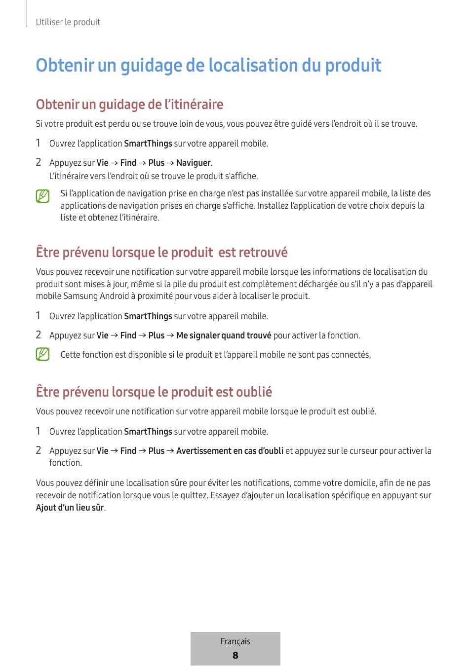 Obtenir un guidage de localisation du produit, Obtenir un guidage de l’itinéraire, Être prévenu lorsque le produit est retrouvé | Être prévenu lorsque le produit est oublié | Samsung SmartTag2 Wireless Tracker (White) User Manual | Page 32 / 798