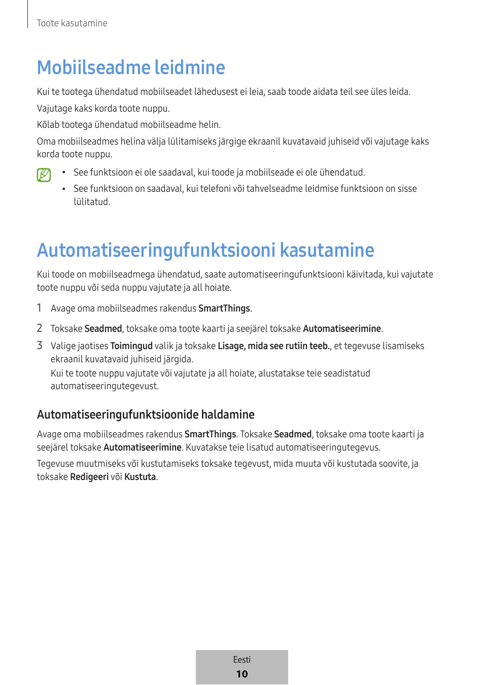 Mobiilseadme leidmine, Automatiseeringufunktsiooni kasutamine, Automatiseeringufunktsioonide haldamine | Samsung SmartTag2 Wireless Tracker (White) User Manual | Page 320 / 798