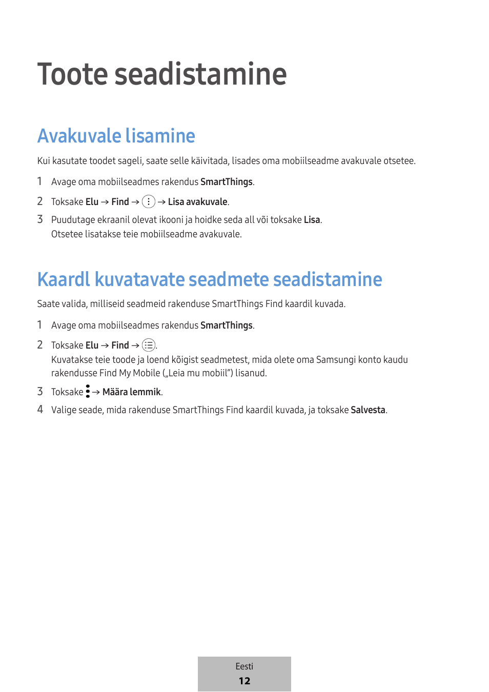 Toote seadistamine, Avakuvale lisamine, Kaardl kuvatavate seadmete seadistamine | Samsung SmartTag2 Wireless Tracker (White) User Manual | Page 322 / 798