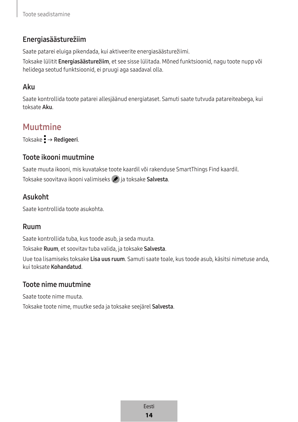 Muutmine, Energiasäästurežiim, Toote ikooni muutmine | Asukoht, Ruum, Toote nime muutmine | Samsung SmartTag2 Wireless Tracker (White) User Manual | Page 324 / 798