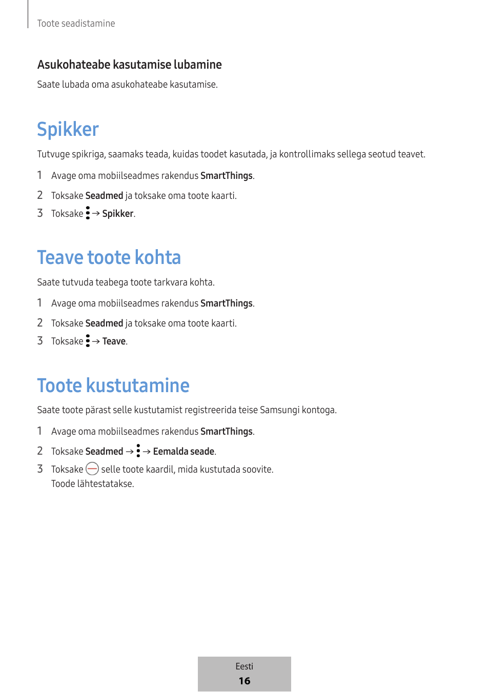 Spikker, Teave toote kohta, Toote kustutamine | Samsung SmartTag2 Wireless Tracker (White) User Manual | Page 326 / 798