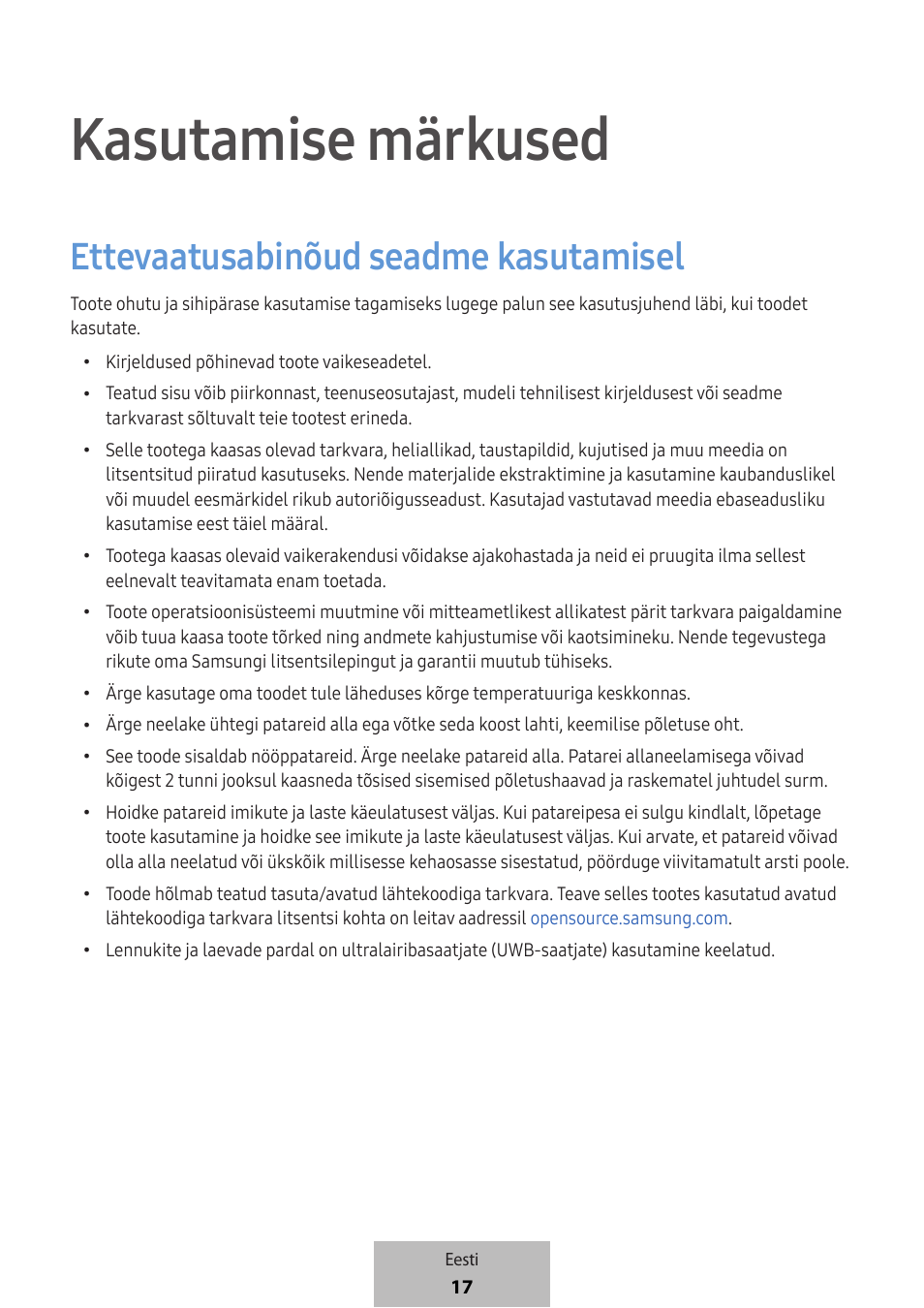 Kasutamise märkused, Ettevaatusabinõud seadme kasutamisel | Samsung SmartTag2 Wireless Tracker (White) User Manual | Page 327 / 798