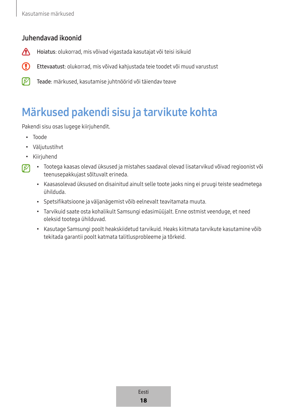 Märkused pakendi sisu ja tarvikute kohta, Juhendavad ikoonid | Samsung SmartTag2 Wireless Tracker (White) User Manual | Page 328 / 798